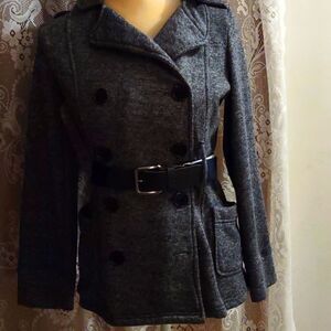 Wet Seal Women's Size M Navy Jacket double breasted  hooded‎ belted fleece lined